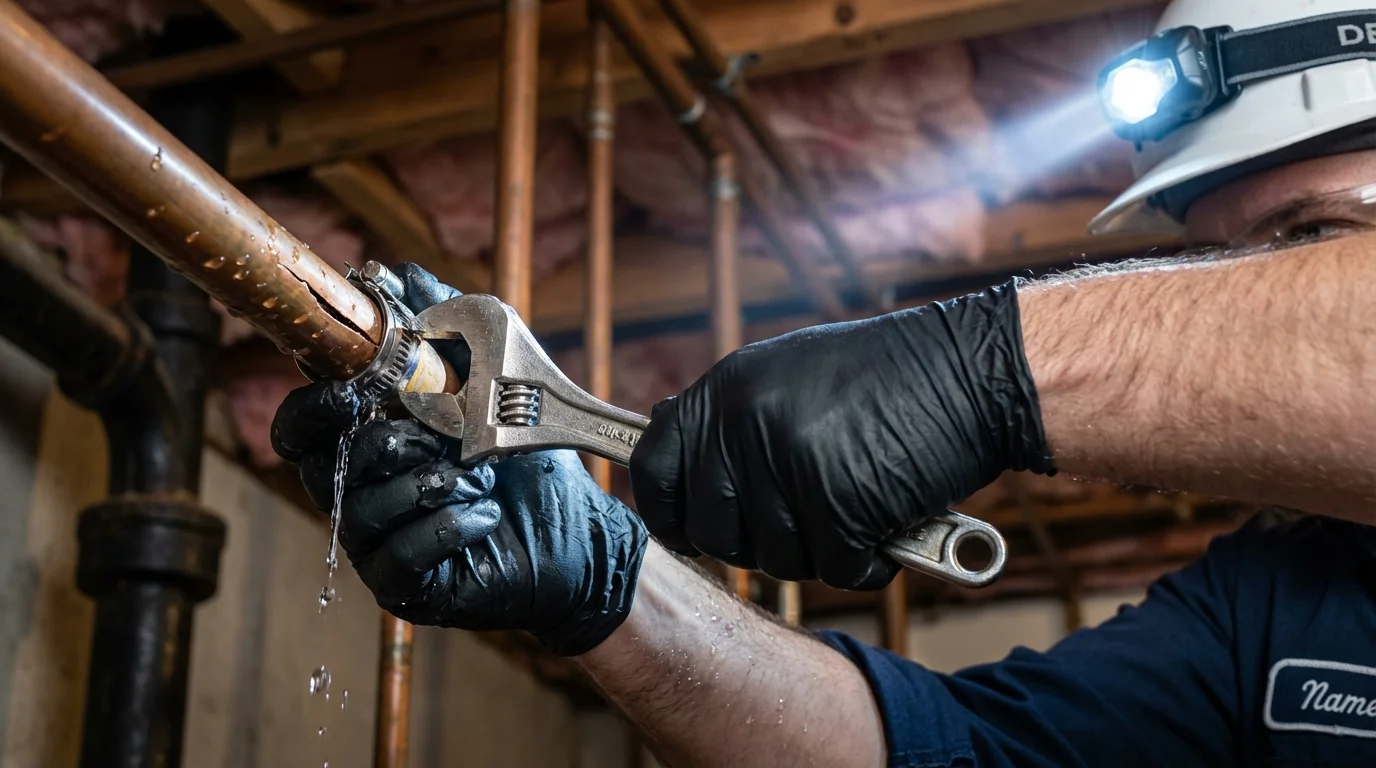 Emergency pipe clamp repair being performed by a Johns Plumbing LLC plumber in Mayo