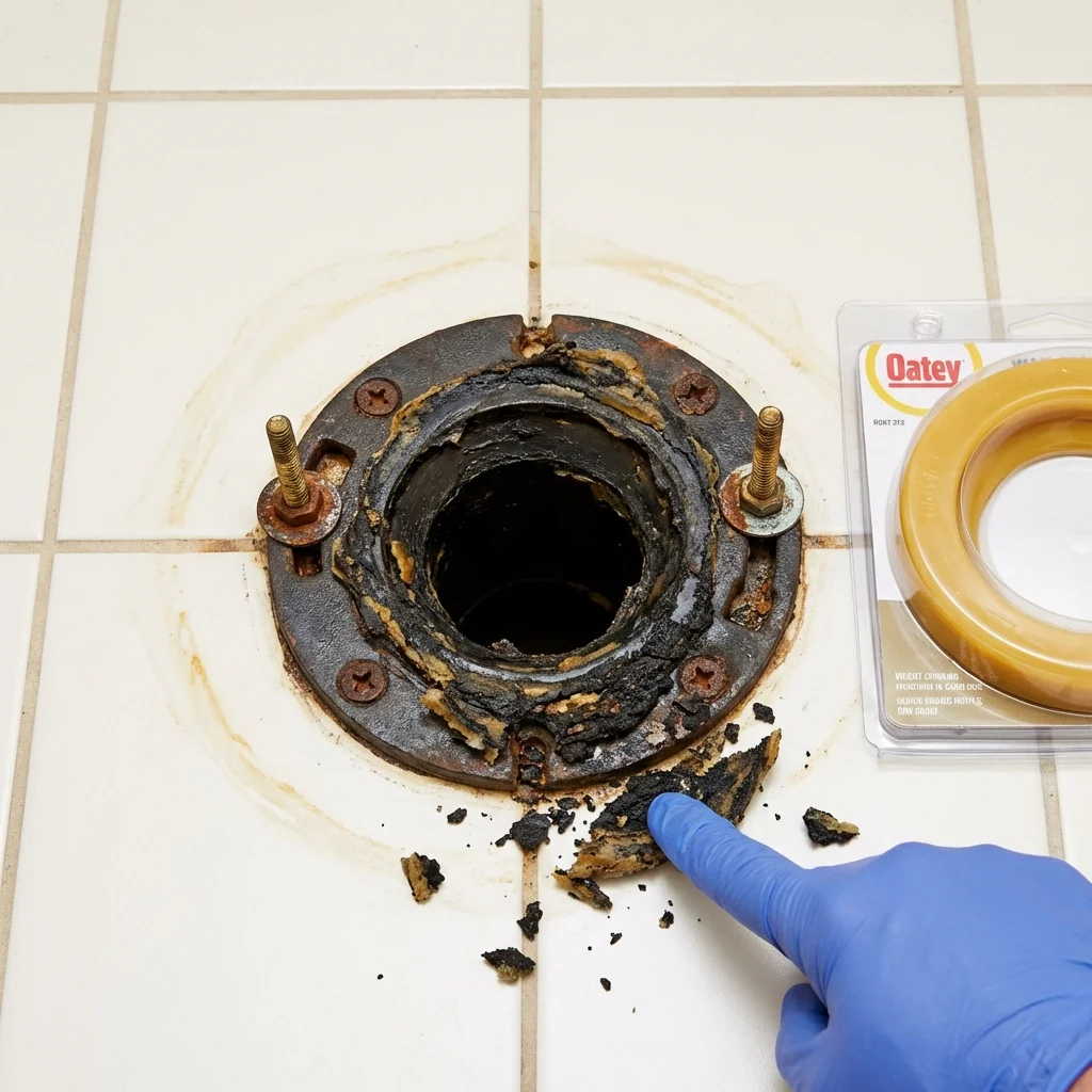 Failed wax ring showing water seepage at the base of a toilet in a Mayo, SC home